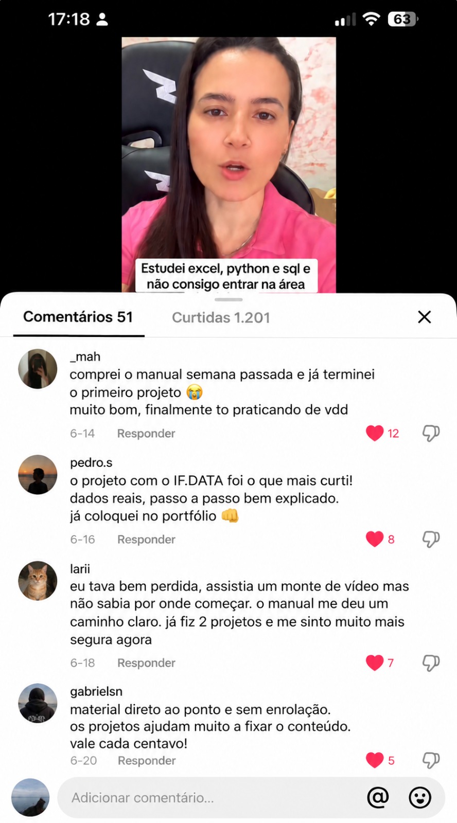 Depoimentos — caminho claro, praticando de verdade, portfólio