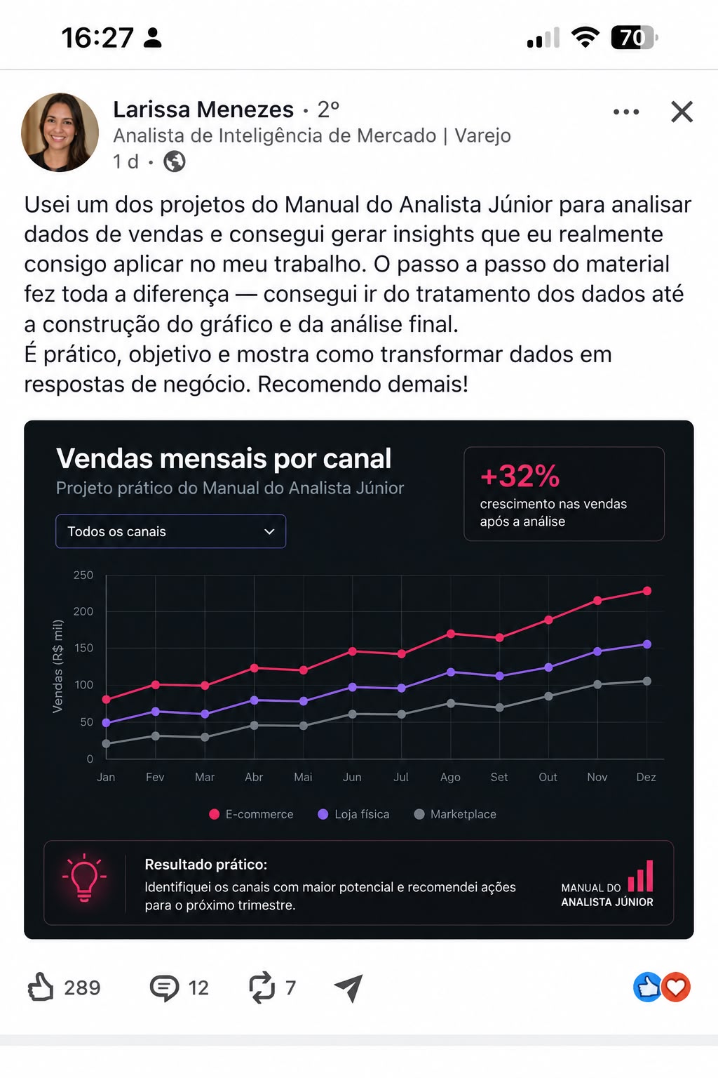 Depoimento Larissa Menezes — análise de vendas aplicada no trabalho